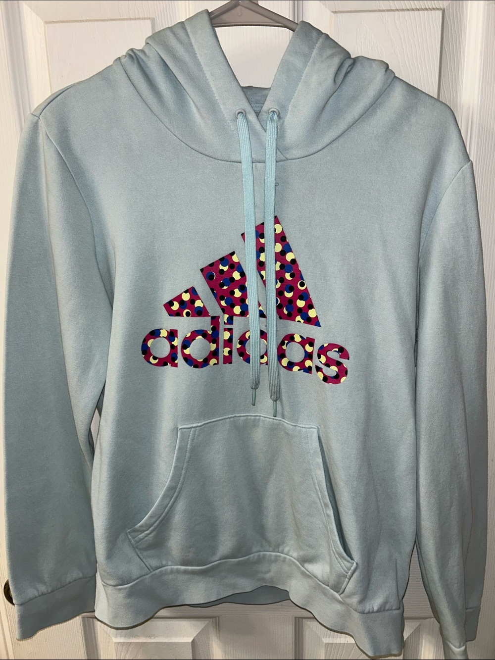adidas Light Blue Hoodie with Multicolor Dot Logo